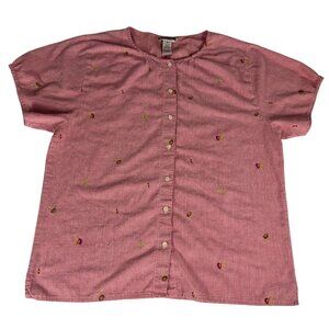 Vintage Clementine Plaid Blouse Women XL Red White Button Up Floral Embroidered